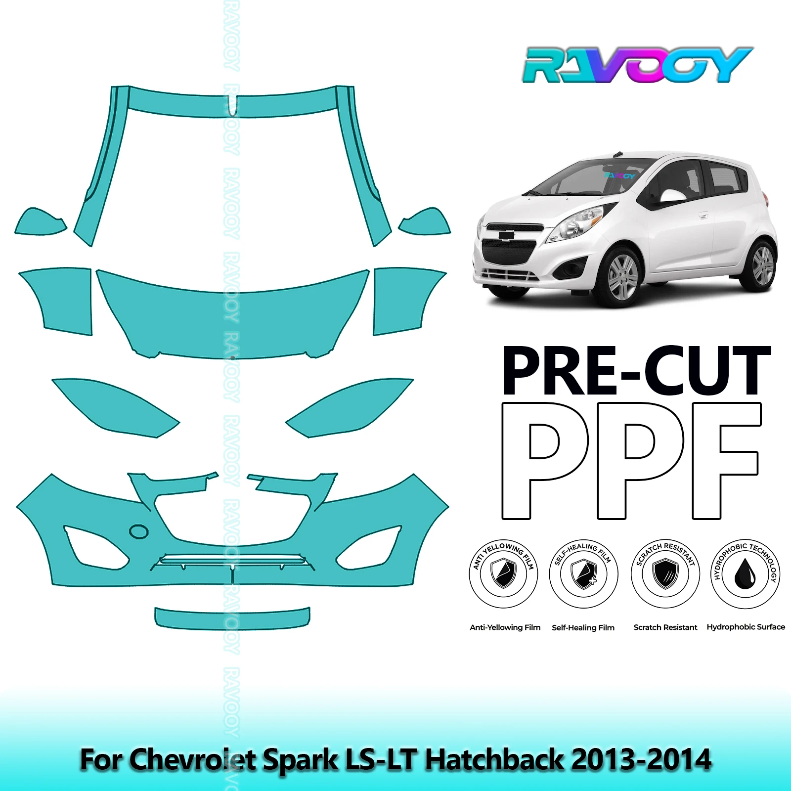 For Chevrolet Spark LS-LT Hatchback 2013-2014 Partial Front Pre-Cut Paint Protection Film PPF Stone Chip Kit | Clear/Matte/Black