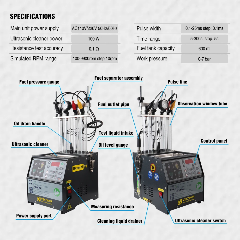 Intelligent Car Fuel Injector Cleaner & Tester Cleaning Machine Injector Ultrasonic Cleaner 4-Cylinders 110V 220V - Dynojet V4