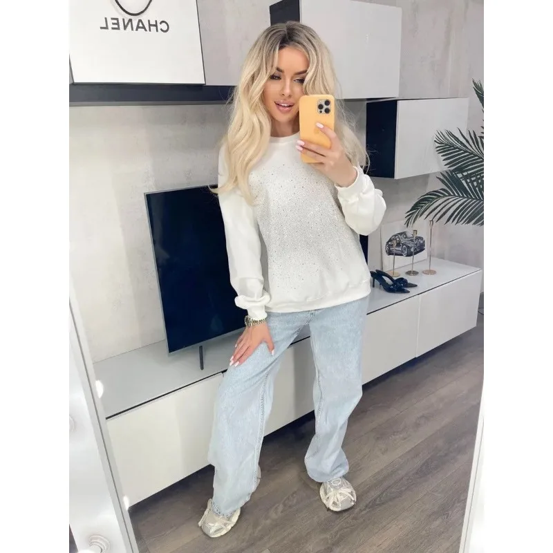 Street Fashion Women Gradient Rhinestone Crew Neck Sweatshirt Loose Long Sleeve Pullover Autumn Winter Casual Top