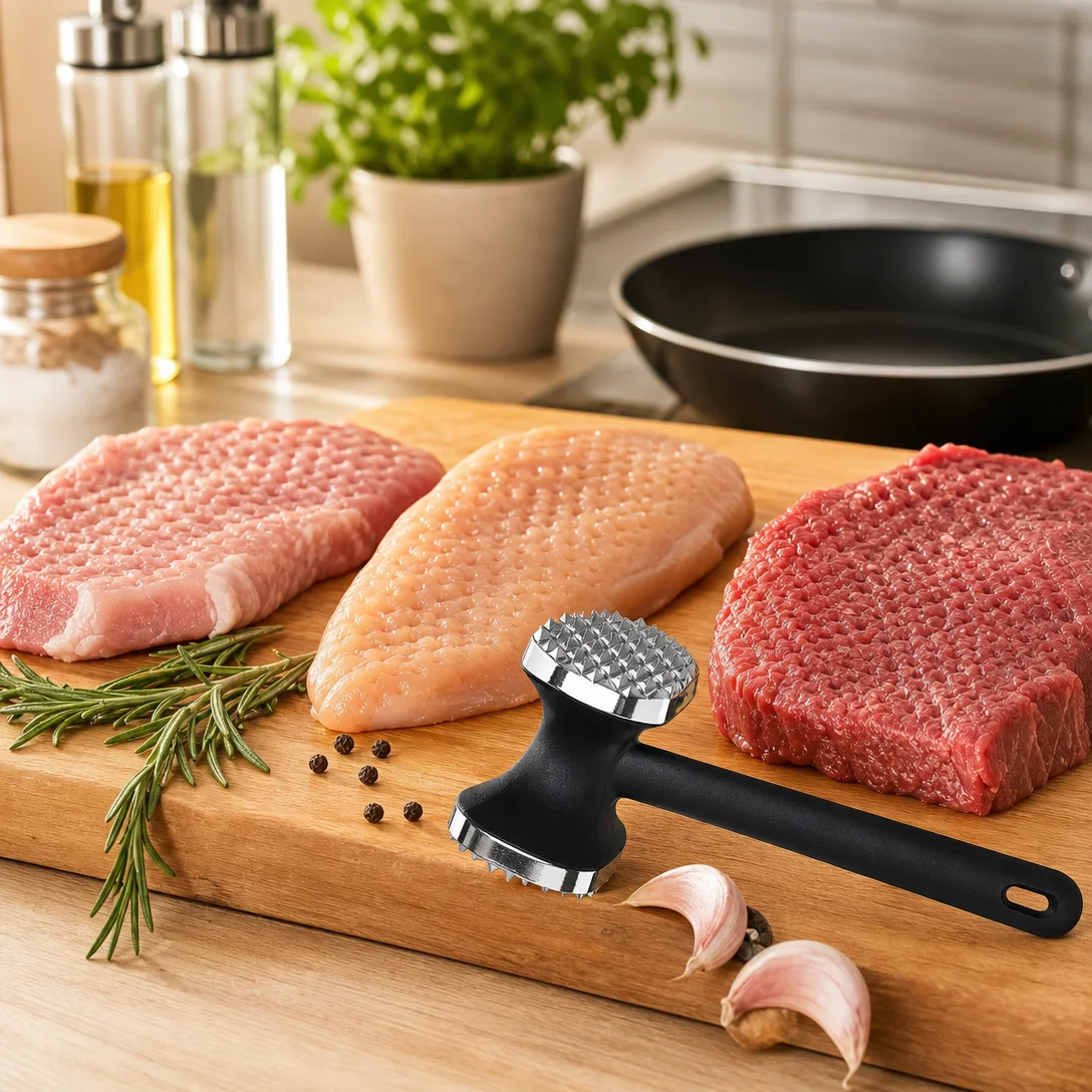 Double Sided Stainless Steel Meat Tenderizer Hammer, Non-Slip Handle Steak Mallet, Kitchen Tool for Tenderizing Beef, Pork & Marinating Meat
