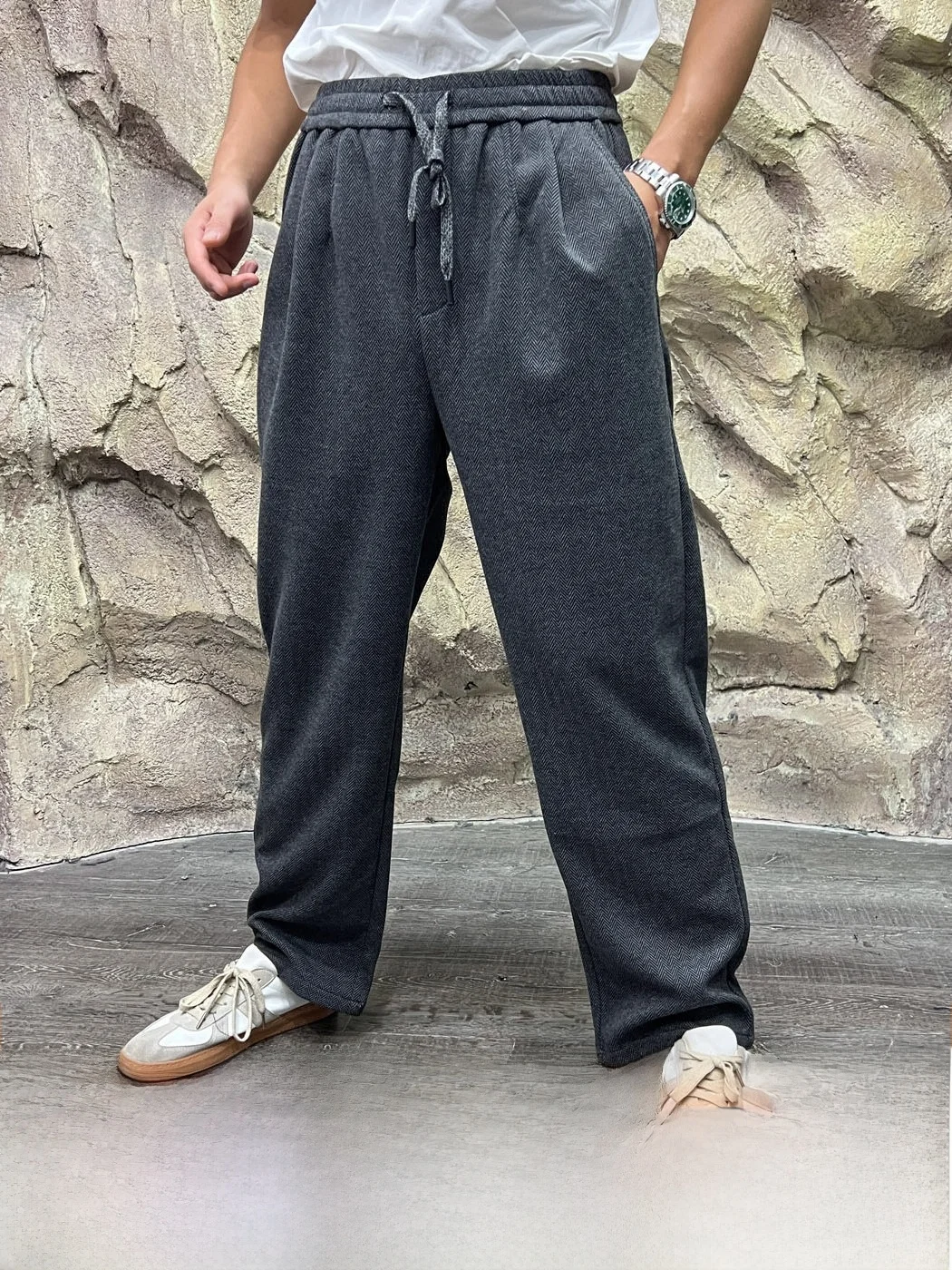 Italian Style Men's Casual Pants Wool Blend Outdoor Straight Leg Autumn Winter Textured Tweed Look Comfortable Polyester Blend