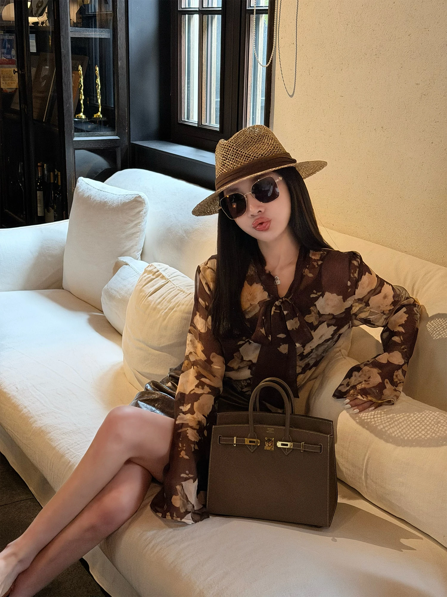 

Женская элегантная рубашка с поясом и принтом «Карамельный фундук», дышащая, из полиэстера, с длинным рукавом, с цветочным узором, повседневная