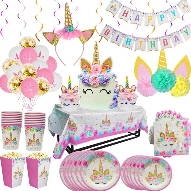 Rainbow Unicorn Birthday Supplies Set Unicorn Balloons Cups Plates Napkin Birthday party decorations Kid girl 1 2 3 4 5 year old