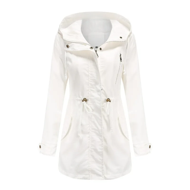 Women Trench Coat Windbreaker Zip Up Jacket With Pockets Casual Long Sleeve Outwear with Waist Drawstring