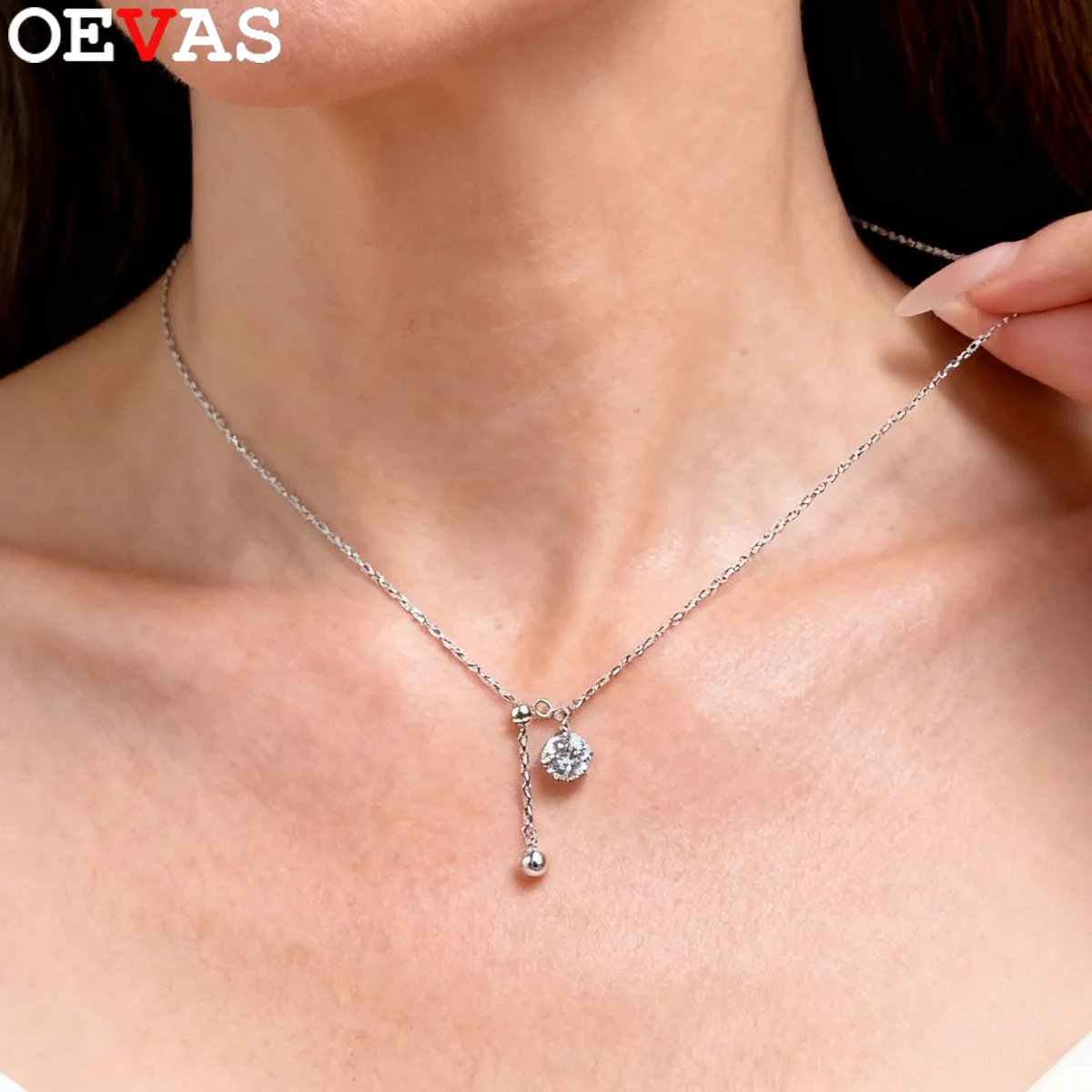 

OEVAS 6MM Round Moissanite Pendant Necklace For Women 100% S925 Silver Adjustable Drawstring choker Wedding Party Fine Jewelry