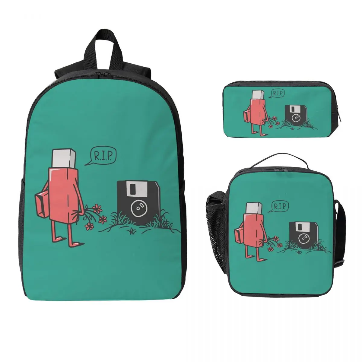 

RIP Floppy Backpack Student Boys Girls BookBag School Bag Computer Shoulder Bags 3ps Insulated Lunch Bag Pencil Case