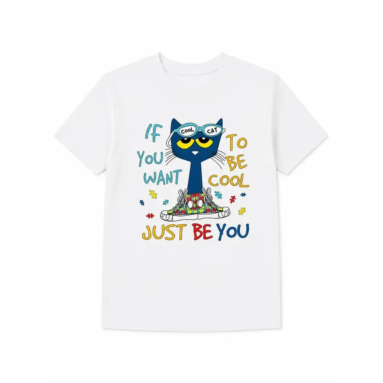 T-Shirts Cool Cat Just Be You Shirt, Cute Cat Graphic Tee, Positive Quote T Shirt, White Short Sleeve Cotton Top