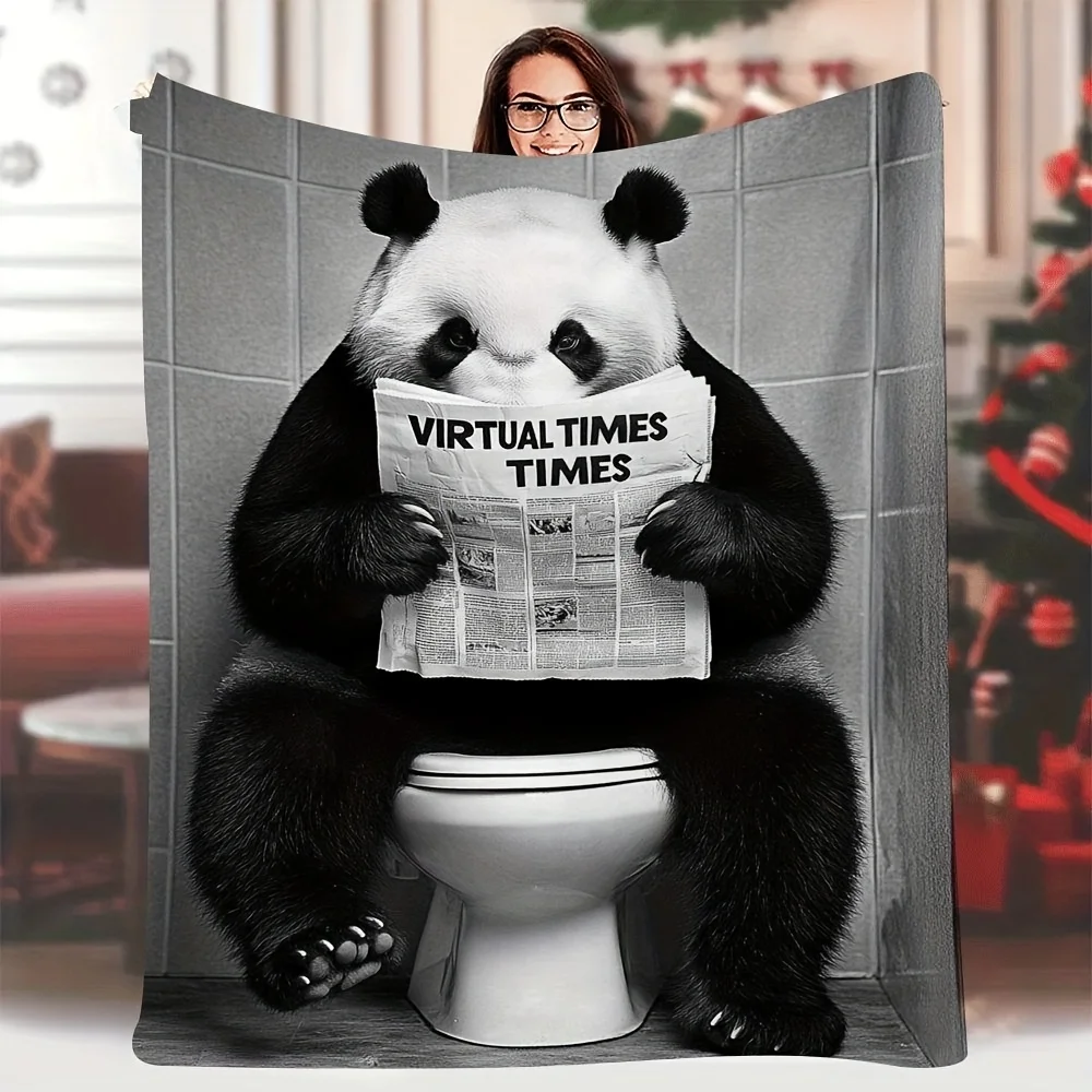 1pc 60x80 Inch Humorous Panda Reading on Toilet Printed Blanket - Black & White Retro Design, Soft Durable Fabric, All-Season
