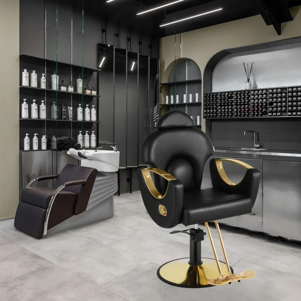 Salon Barber Chair Reclining Hair Stylist Chair Heavy Duty Hydraulic Pump 360 Swivel Black Gold
