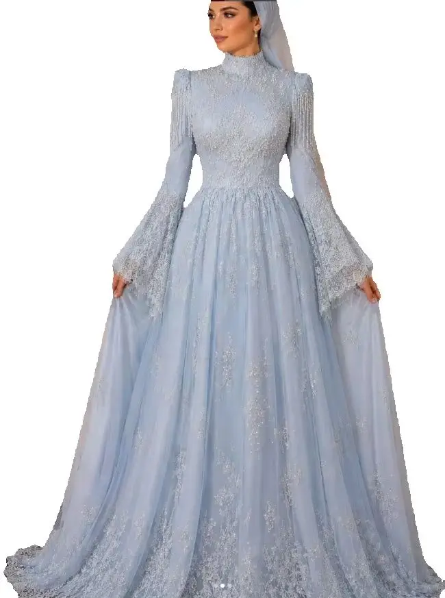 Customized Elegant Lace Muslim Evening Dress High Neck Flare Sleeve Hijab A-Line Formal Prom Gown Middle East شارون سعيد