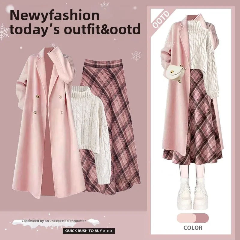 

Pink Plaid High Collar Sweater Winter Faion Set with Coat Skirt Inner Wear for Young Women 8-25 Years Old