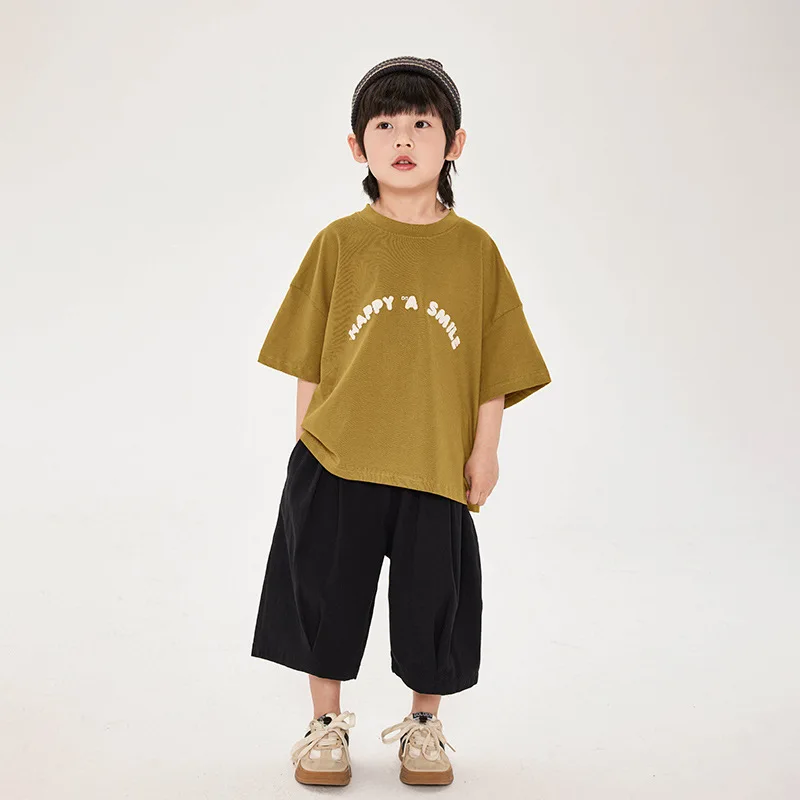 Camisetas de algodão de manga curta para meninos, camisetas casuais soltas, tops estilo coreano, infantil, verão, novo, 2022