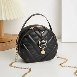 Women's Bag Trendy Fashion Casual V-shaped Embossed Pattern Cat Pendant Diagonal Cross Small Round Bag Shoulder Bag