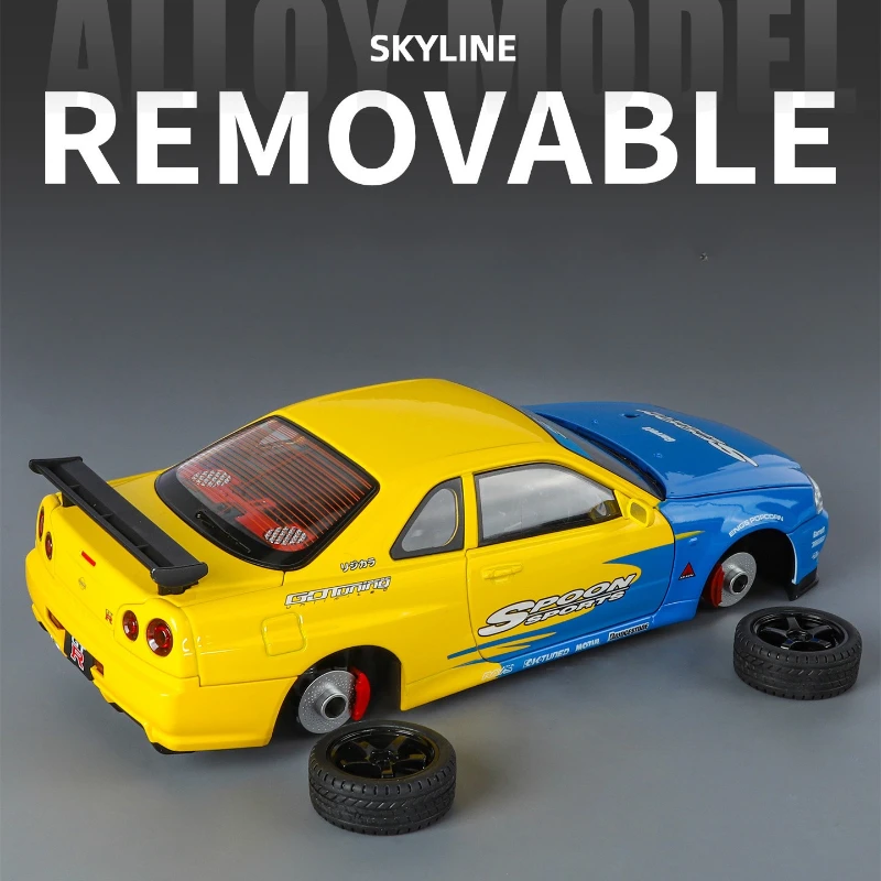 1:18 Nissan GT-R Skyline Decalcomania Modello di auto in lega Ragazzo Giocattolo per bambini Auto da corsa Ornamenti Collezione di luci sonore Voiture in miniatura