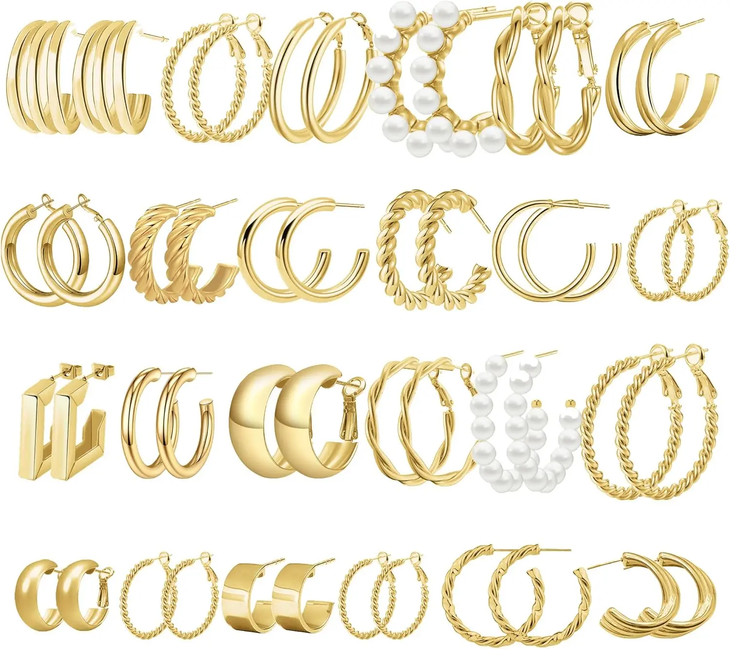 

24 Pairs Hypoallergenic Gold Hoop Earrings Set for Women Pearl Chunky Chain Twisted Multipack