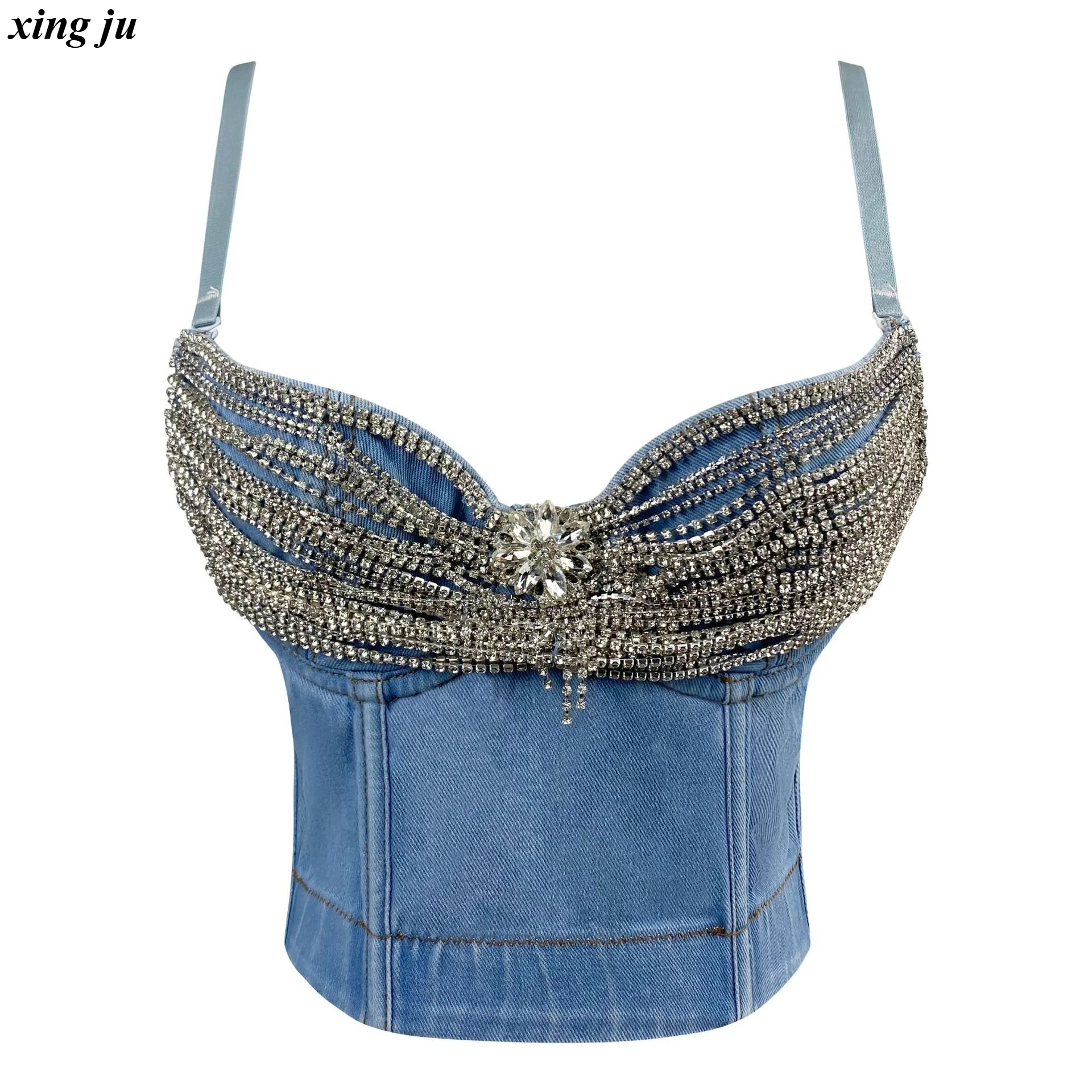 

Xing Ju Singer Nightclub DJ Sexy Sleeveless Rhinestone Tops Jazz Dance Fashion Backless Denim Vest Women Stage Performance Wear