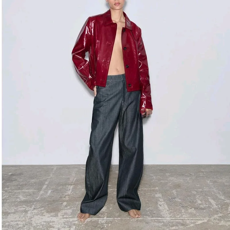 

Spring New Women's Loose Leather Long Sve Collar Jaet Coat Button Decoration Outerwear Faionable Two-Piece Set