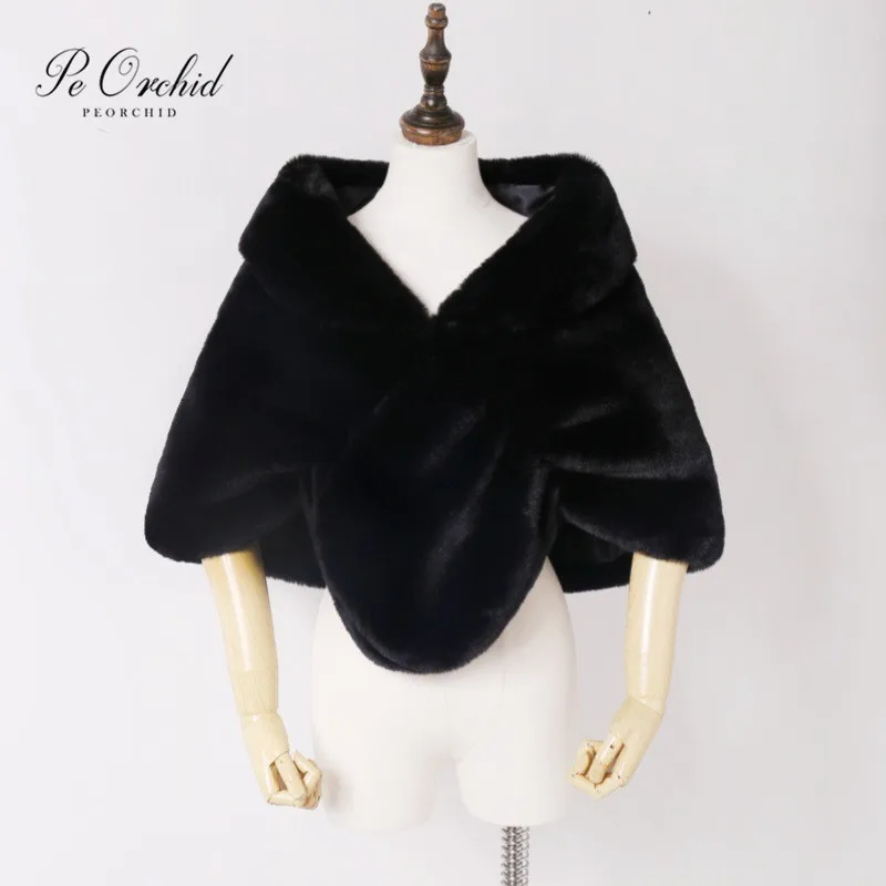 

PEORCHID Black Bridal Bolero Faux Fur Stole Wedding Dress Shawl Bridesmaids Cape Winter Evening Dress Cloak Warp Accessories