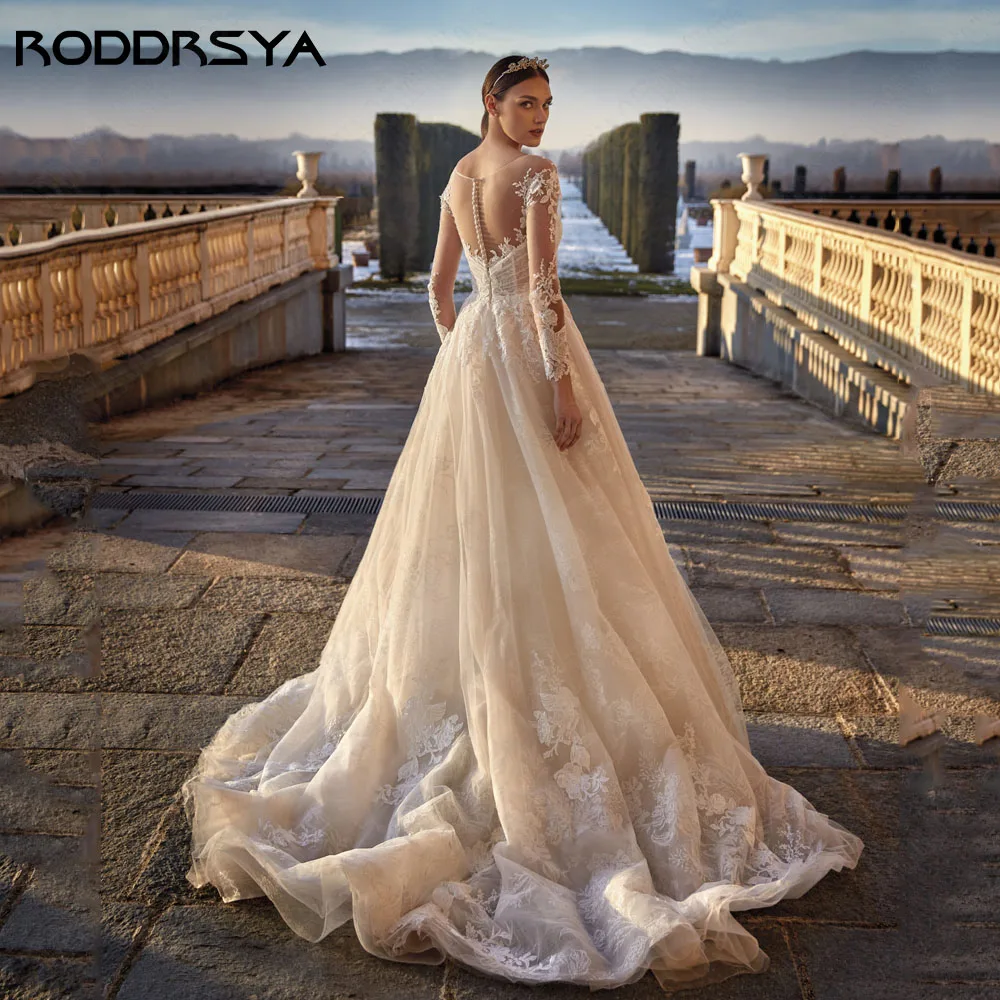 RODRSYA Elegante Pizzo Abito da sposa per la sposa Manica Lunga A-Line Illusion BacRODDRSYA elegante abito da sposa in pizzo per sposa manica lunga a-line Illusion Back Scoop Neck Applique Robe De Mariée abito da sposa