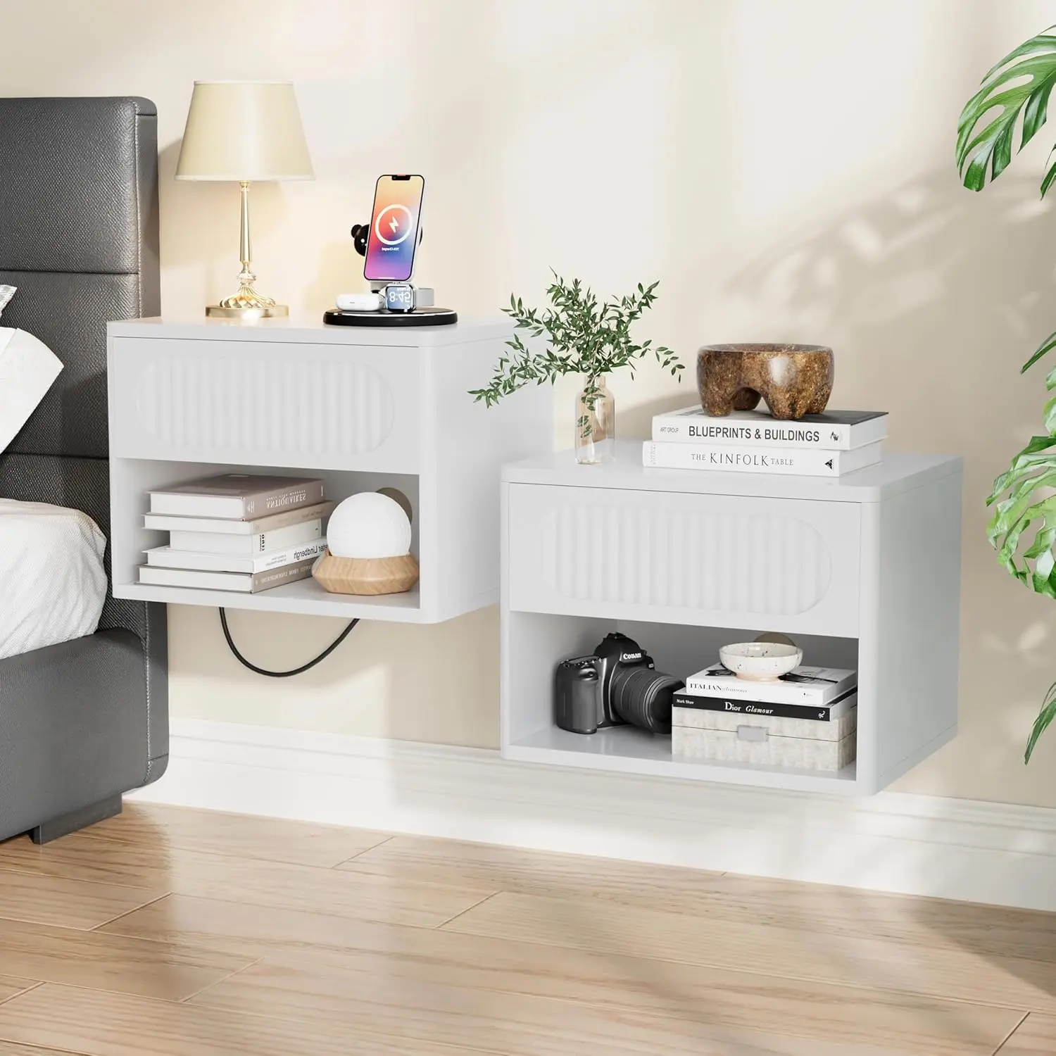 

Wooden Fluted Floating Nightstand Set Of 2, Wall Mounted W/Drawer & Shelf, Waterproof & Scratch-Resistant, Metal, Customized