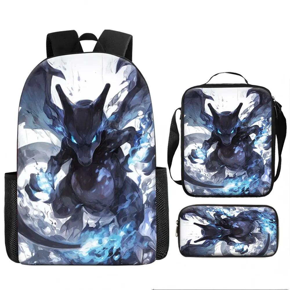 Bolsa para Niños, Pokémon, Mega Charizard X, Juego de 3 Piezas de Mochila Mega Charizard X, Bolsas Escolares Dragón Fuego para Niños y Niñas, Lonchera