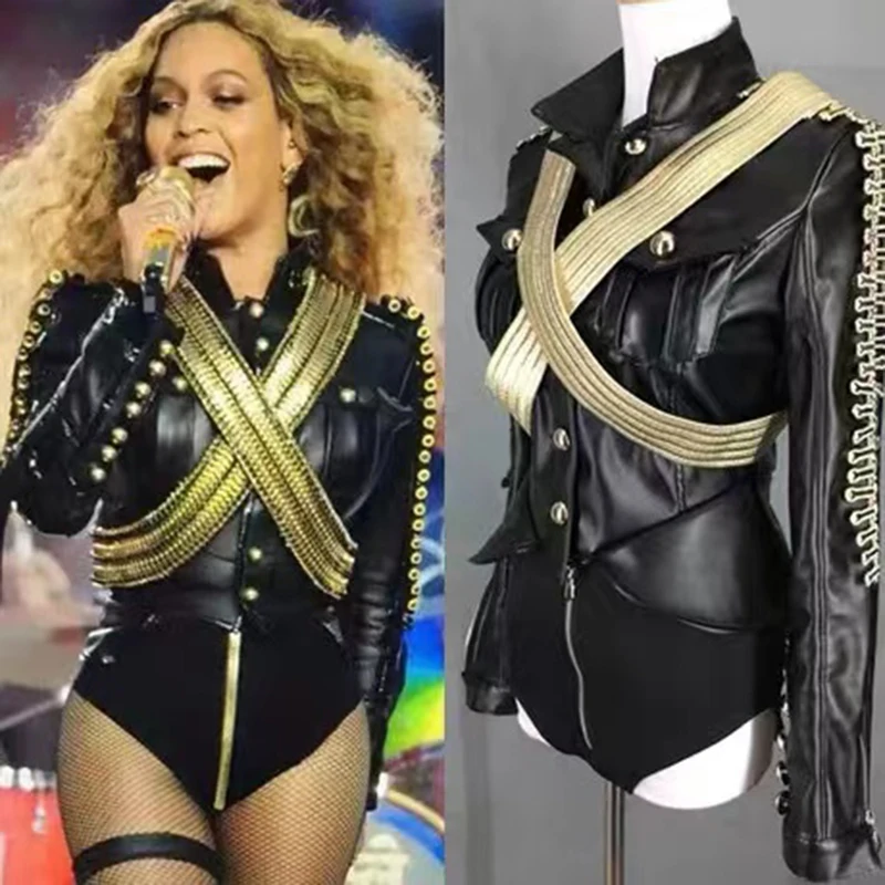 2-częściowy zestaw dla piosenkarki Kostium do tańca na rurze Kostium karnawałowy dla DJ-a Nowa skórzana odzież Beyonce