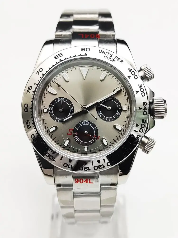 PARNSRPE 40mm goldene Edelstahl multifunktion ale Business VK63 Quarzuhren für Männer Chronograph Saphirglas Datum Gummi armband 6