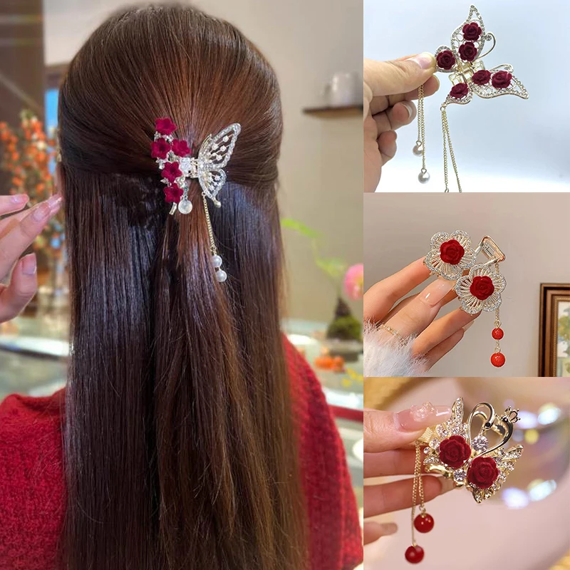 Red Rose Hair Clip Butterfly Hair Claw Twist Hairclip Women Hairpin Tassel Pill Head Ponytail Buckle Barrette Hair Accessories