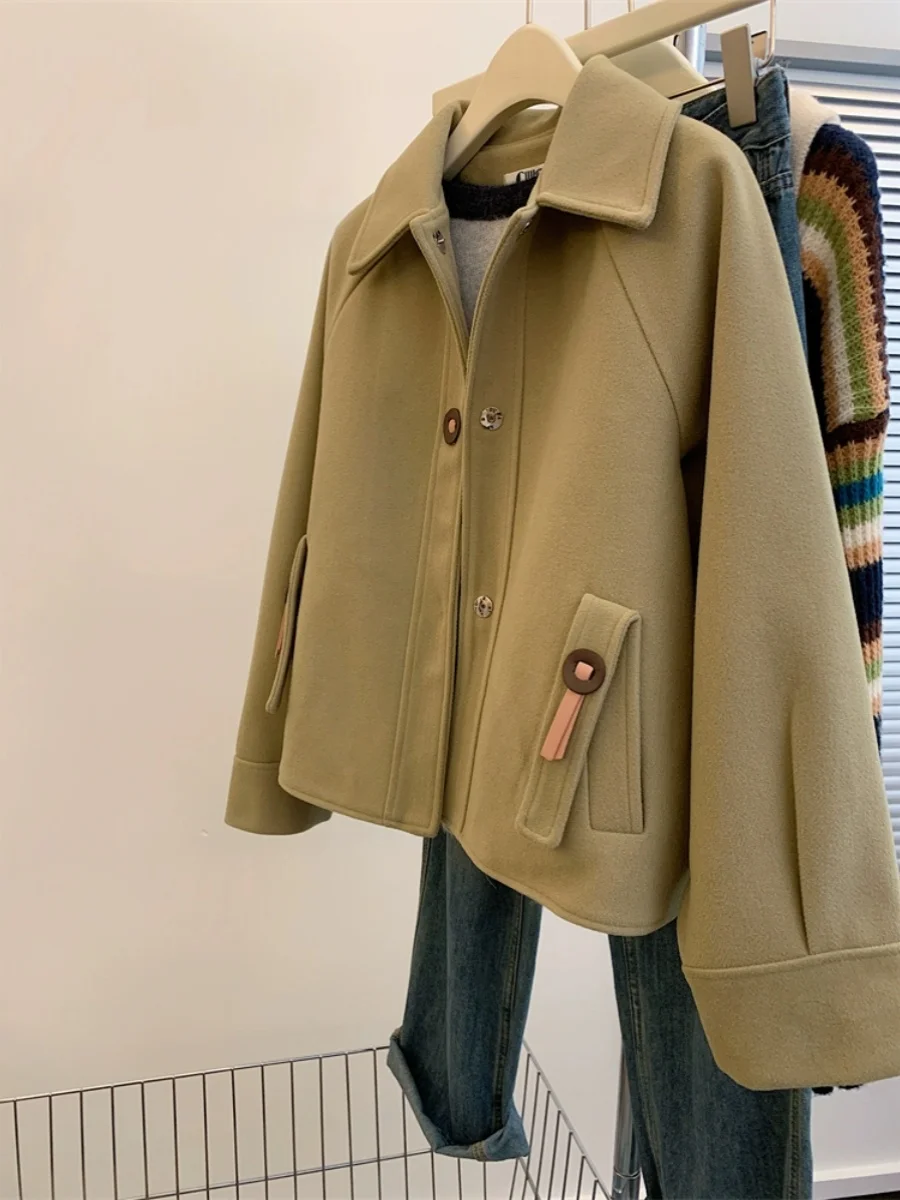 معطف صوفي كوري أنيق مضاد للشيخوخة متعدد الاستخدامات بياقة للنساء، معطف خريفي وشتوي ناعم وفضفاض بمقاسات كبيرة