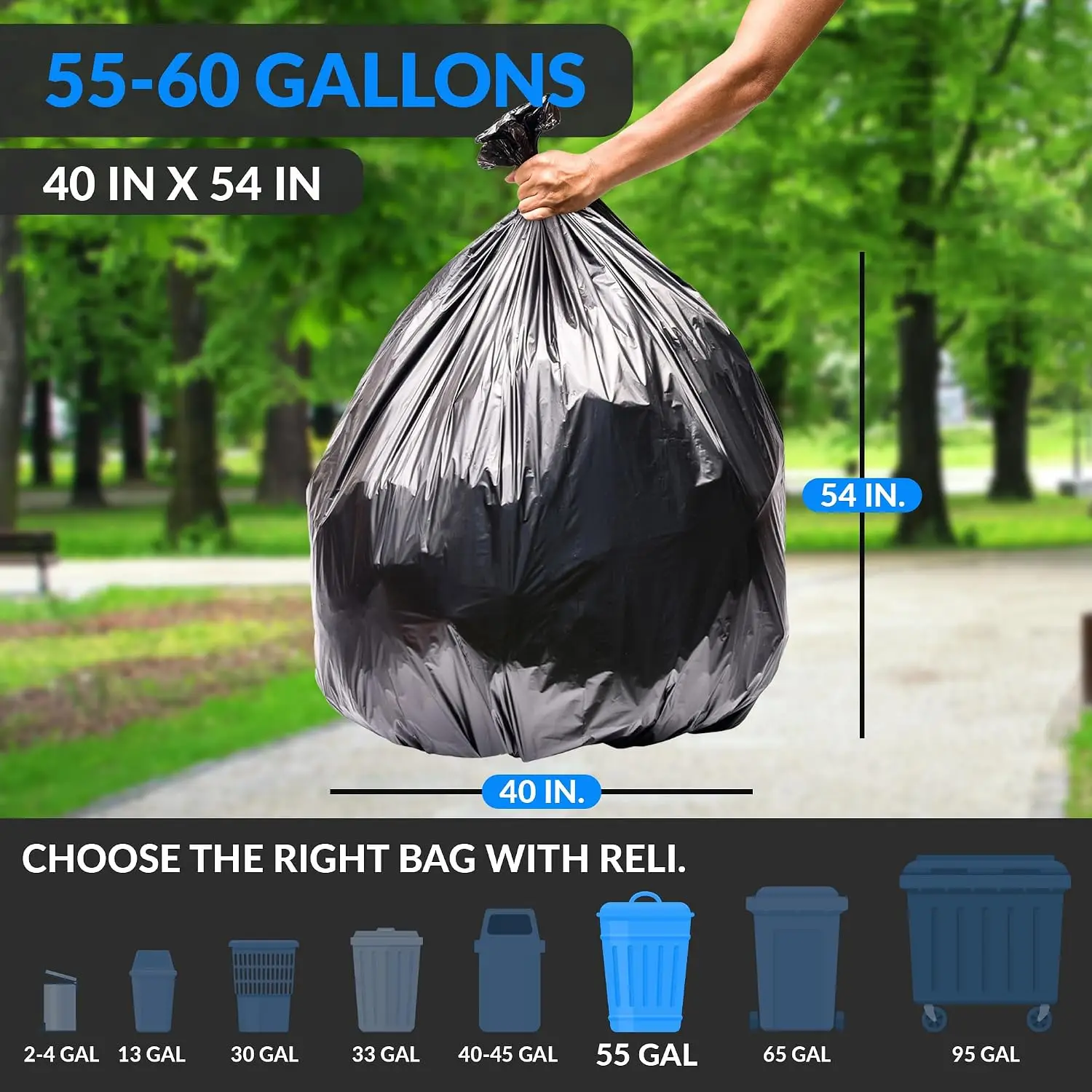 Reli. 55-60 Gallon Trash Bags Heavy Duty |   150 Count |   50-60 Gallon |   Large Black Garbage Bags |   Made in USA