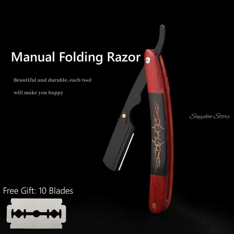 

Vintage Manual Folding Stainless Steel Razor With Ebony Sourwood Handle Barber Men's Replaceable Blade Razor With 10pcs Blades