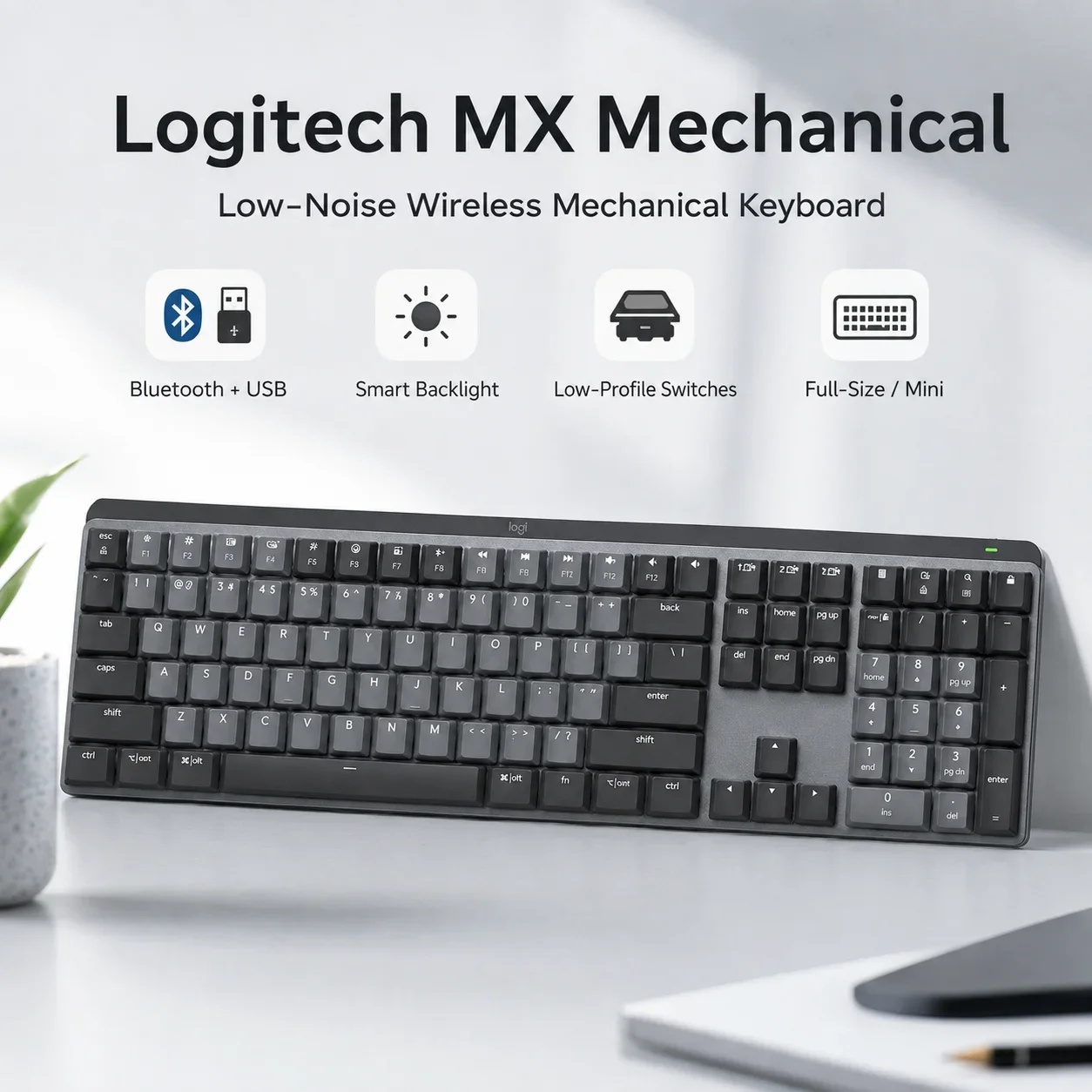 Logitech MX Mechanical Wireless Keyboard: Quiet Tactile Switches 110/84 Keys - Illuminated Bluetooth for PC Mac Home Office