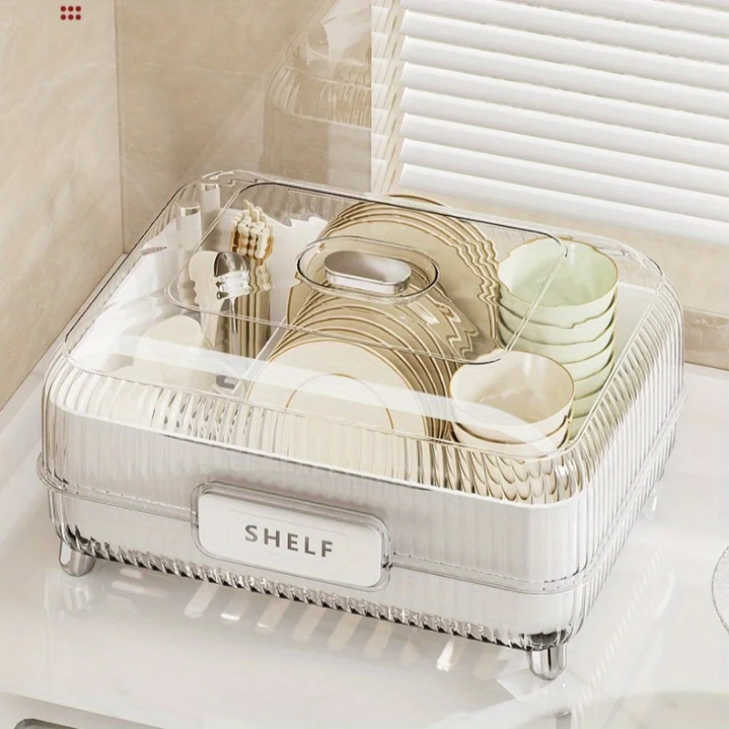 

1pc Bowl Rack Drain Rack Tableware Organizer Cupboard Dustproof Drain Tray with Lid Kitchen Bowl Rack