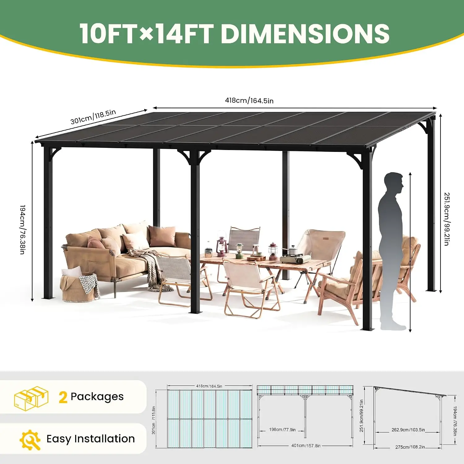 10' x 14' Outdoor Lean to Gazebo Pergola, Sloped Roof, Customized
