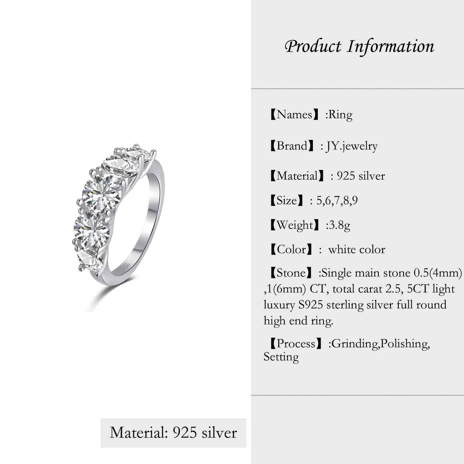 [JYJZZ172] Synthetic Moissanite S925 Sterling Silver Total Ring 2.5, 5 CT , Single Stone 0.5, 1 CT Row Ring Closed Mouth Light L