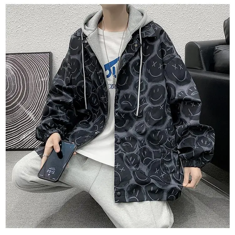 เสื้อแจ็คเก็ตวัยรุ่นสุดเทรนดี้สำหรับเด็กผู้ชาย แบบต่อผ้า ทรงโอเวอร์ไซส์ สำหรับฤดูใบไม้ผลิและฤดูใบไม้ร่วง ผลิตจากโพลีเอสเตอร์ กันลม แขนยาว มีฮู้ด ปิดด้วยกระดุมเม็ดเดียว