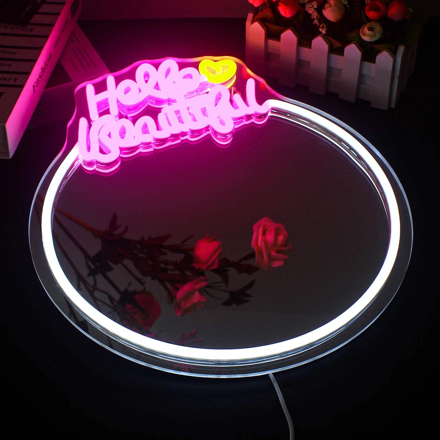 Mirror Hello Beautiful Neon Sign for Wall Decor Girls Hotel Room Decor Led Neon Signs Bedroom Decor Birthday Party USB Powered