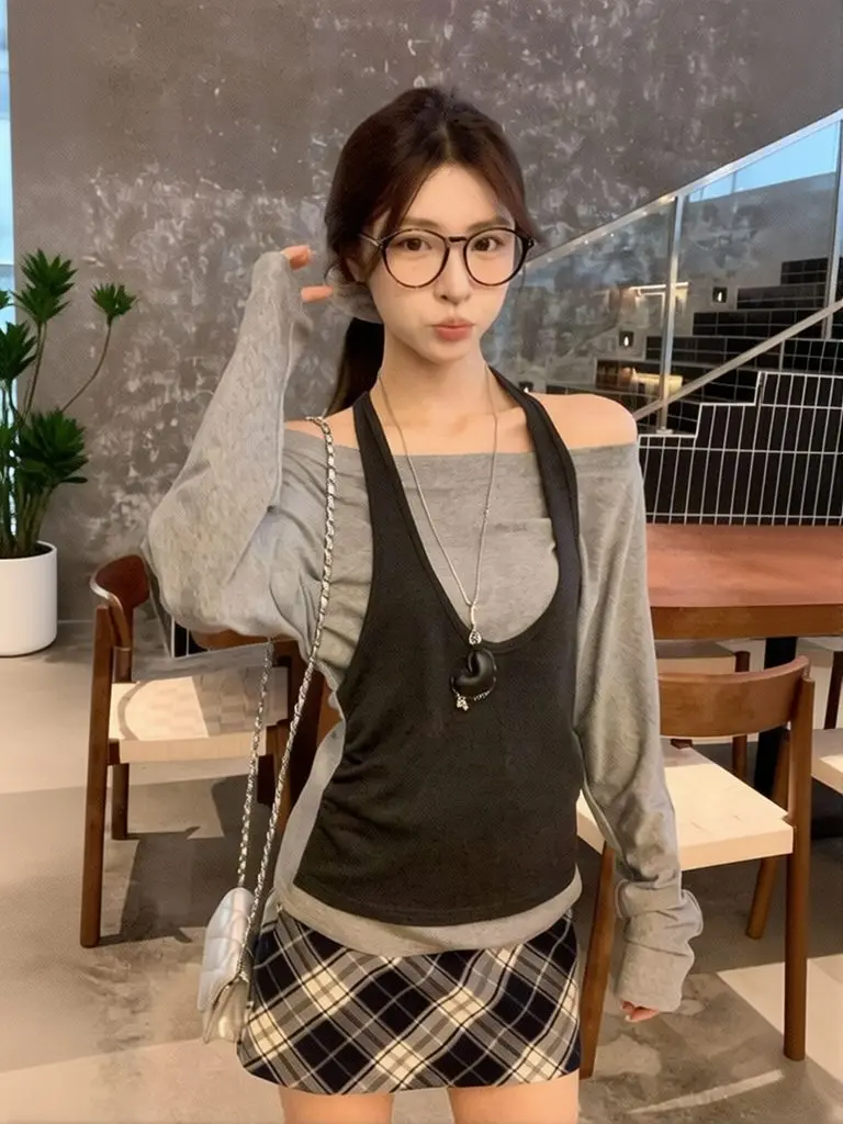 Fake Two Piece Halter Top Women Designer Long Sleeve Patchwork Basic Tees Sexy Backless Casual Fall T Shirt Spring Outwear