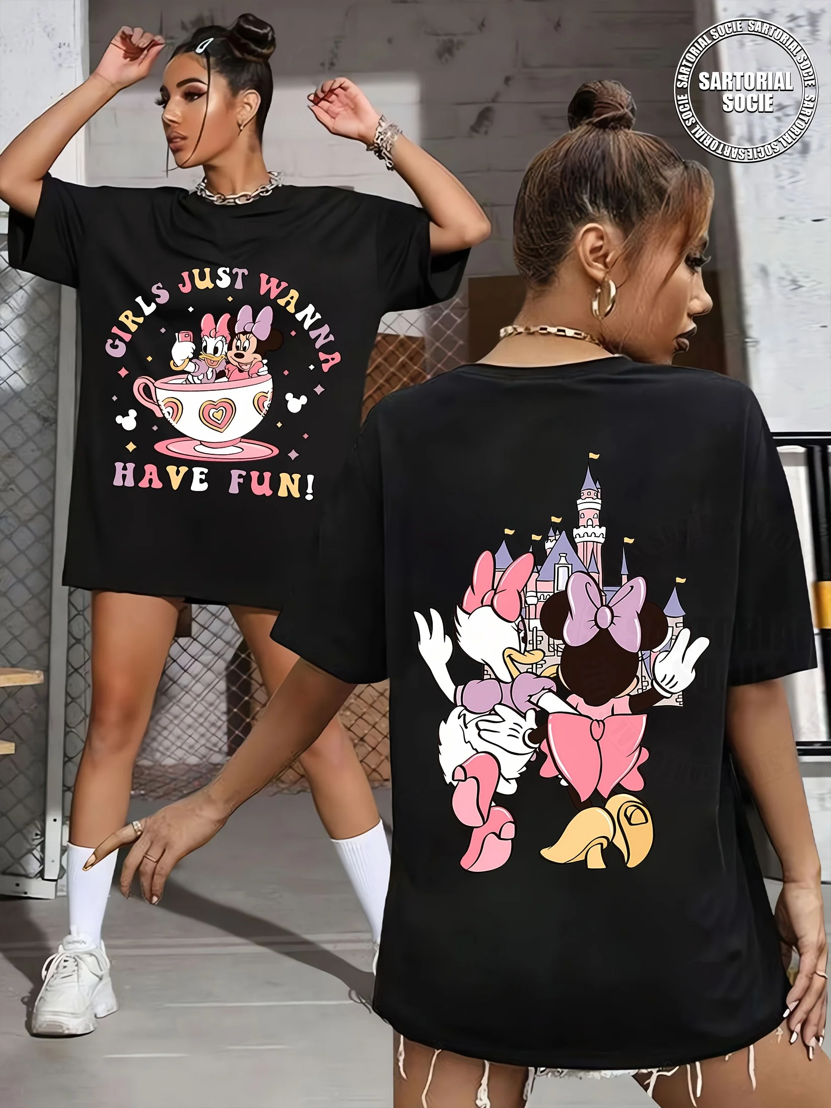 

Авторизованная женская футболка Disney — принт Minnie&Daisy Duck «Just Wanna Have Fun», свободные мужские и женские короткие рукава