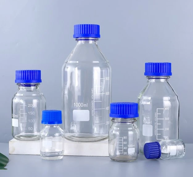 100ml/250ml Graduated Round Glass Reagent Bottle Blue Screw Cap Screw On Cover Flask