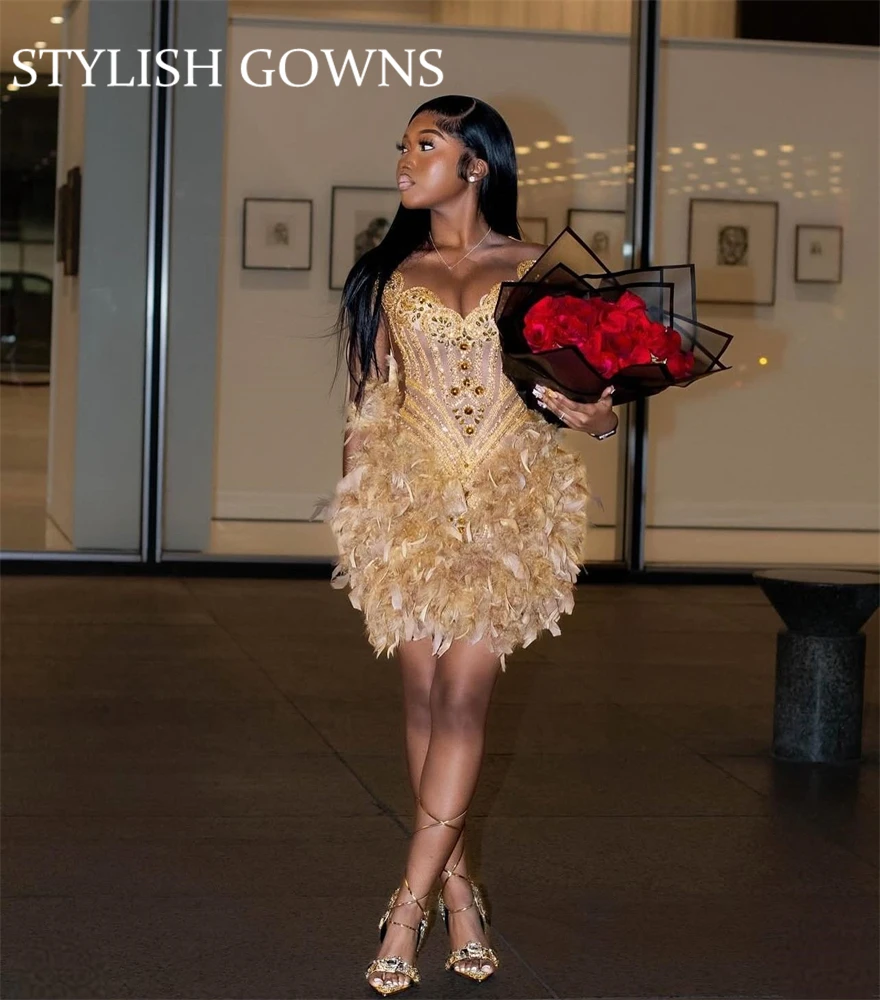 Sexy Gold Short Prom Dress For Black Girls 2024 Beaded Evening Gown Feathers Birthday Party Gowns Mermaid Customized