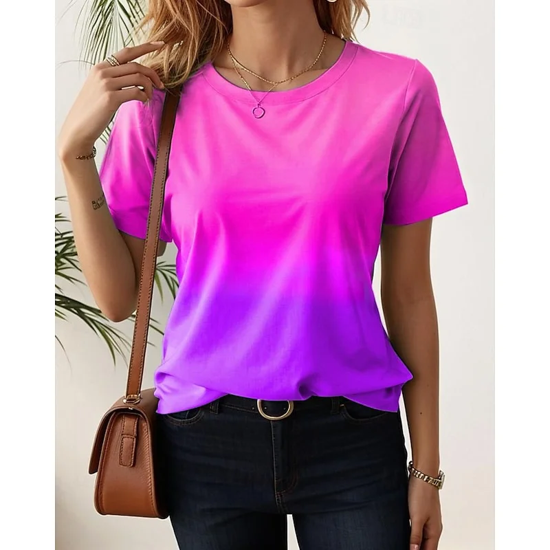 Moda 3D Color Gradient Print T Shirt Dla Kobiet Lato Wygodne Oddychające Damskie Topy z Krótkim Rękawem Casual O-neck Loose Tee