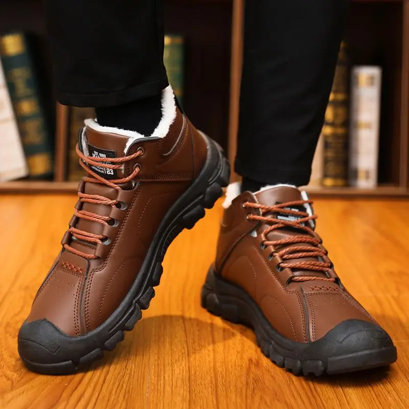 Men Winter Snow Boots Plus Size Leather Warm Fur Lined High Top Non-Slip Casual Outdoor Comfortable Shoes