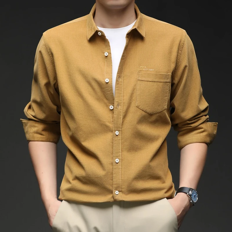 

Men's 100% Cotton Corduroy Shirt - Khaki Pocket Design Vintage Casual Style Soft Breathable Fabric