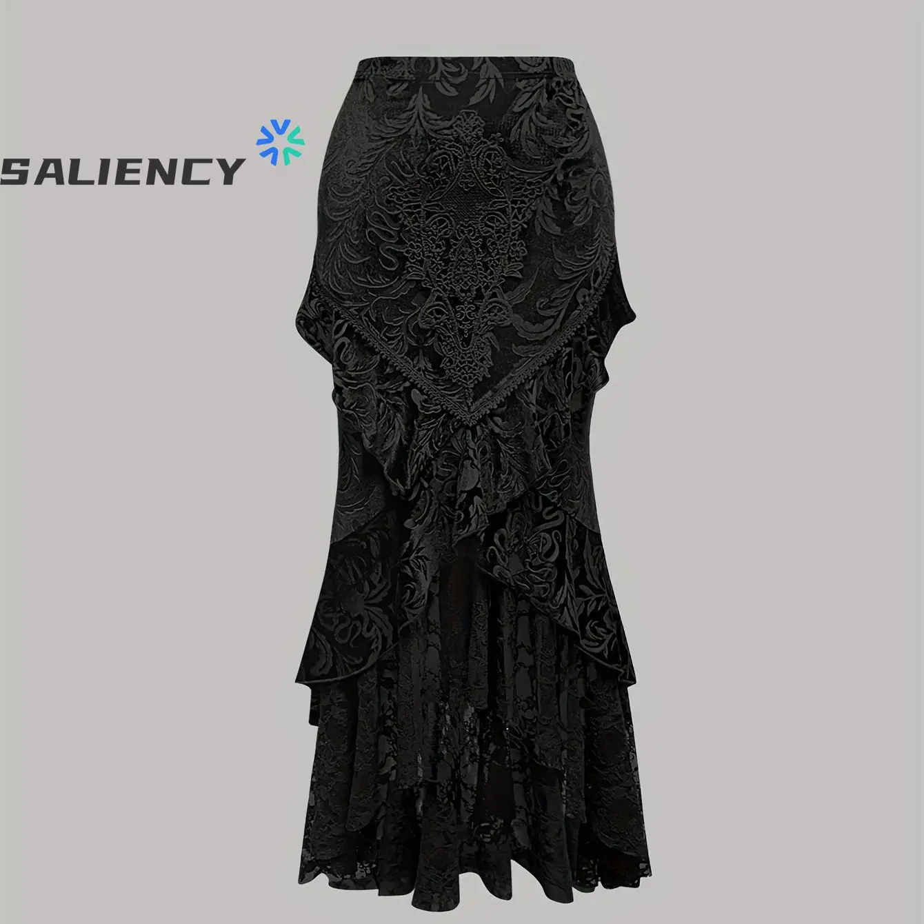 SALIENCY Women Original Design Gothic Lace Patch Black Long Skirt Lace Big Fishtail Sheath Sexy Long Trumpet Skirt
