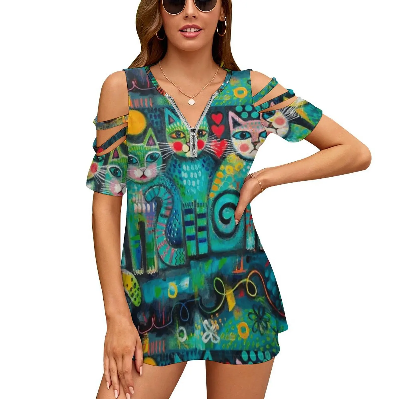 Friendly Cats Women's T-Shirt Summer Fashion Print Floral V-Neck Zipper Tshirt Hollow Pullover Ladies Top Cats Abstract
