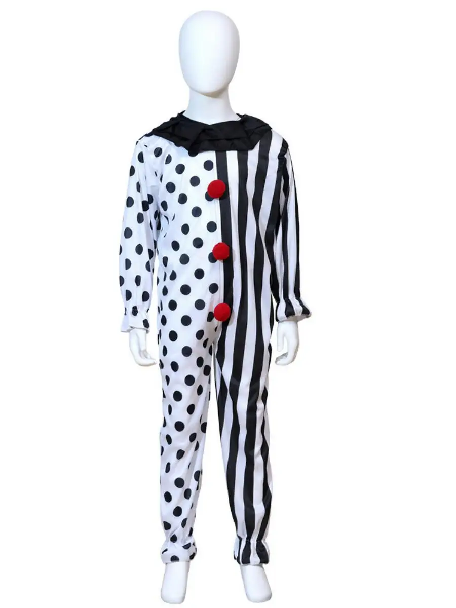 

New Halloween Clown Suit Horror Bloodstained Black White Game Jumpsuit Set Cosplay Costume Outfit Polyester Spring 2025