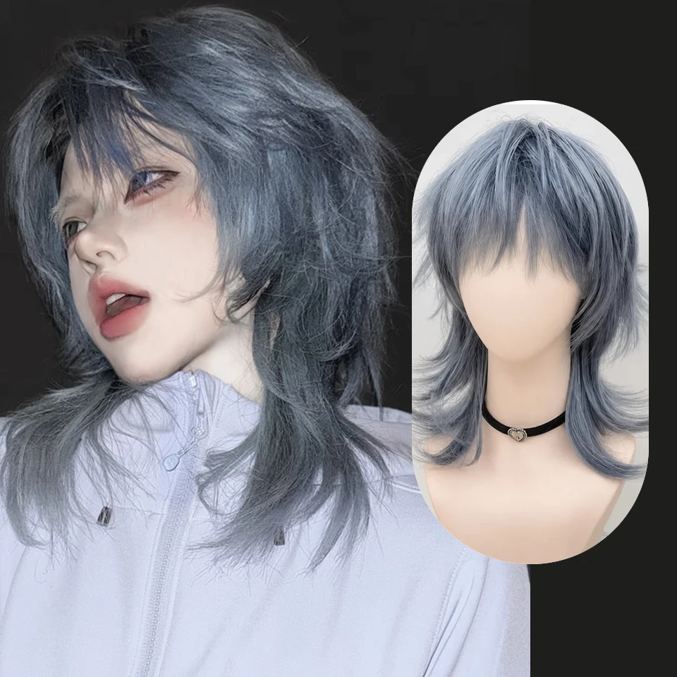 Short Layered Straight Wigs Mullet Head Haze Blue Wig With Bangs For Women Cosplay Halloween Party Synthetic Hair Heat Resistant