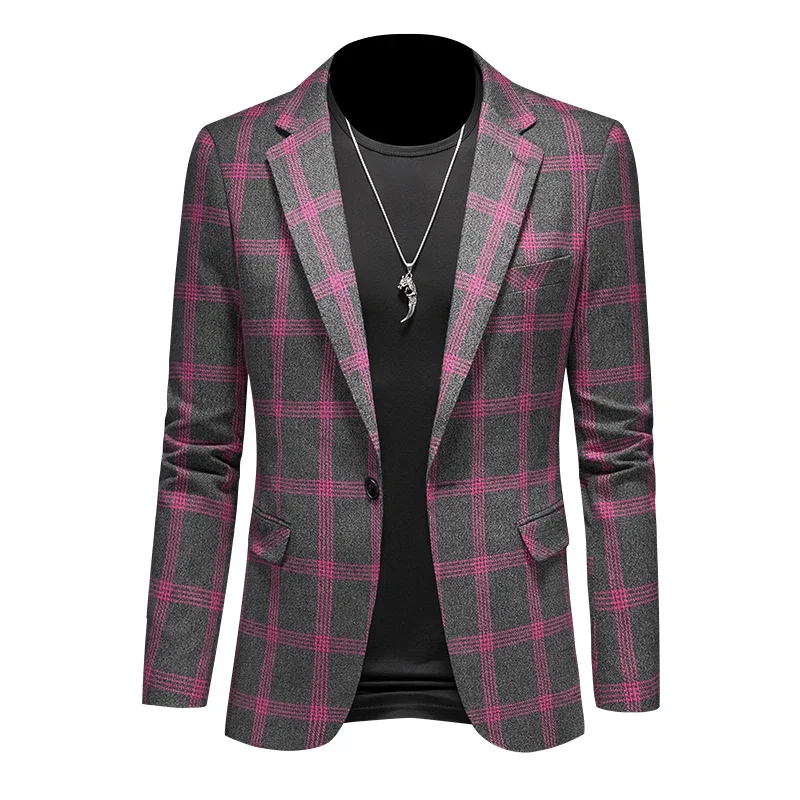 

Fashion Plaid Blazer Polyester Business Wedding High-Quality Male Attire 2025 Slim Fit Men's Casual Suit Handsome