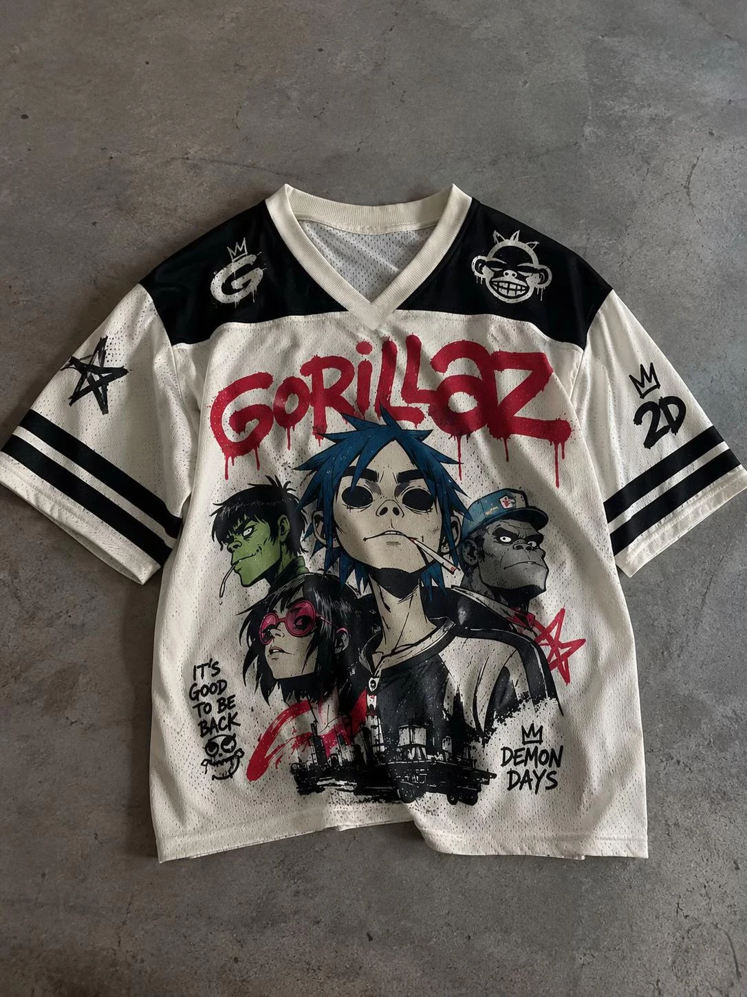 2027 New Cartoon Punk Band Graphic Football Jersey V Neck Short Sleeve Y2K Streetwear Top, Graffiti Art Music Festival Outfit